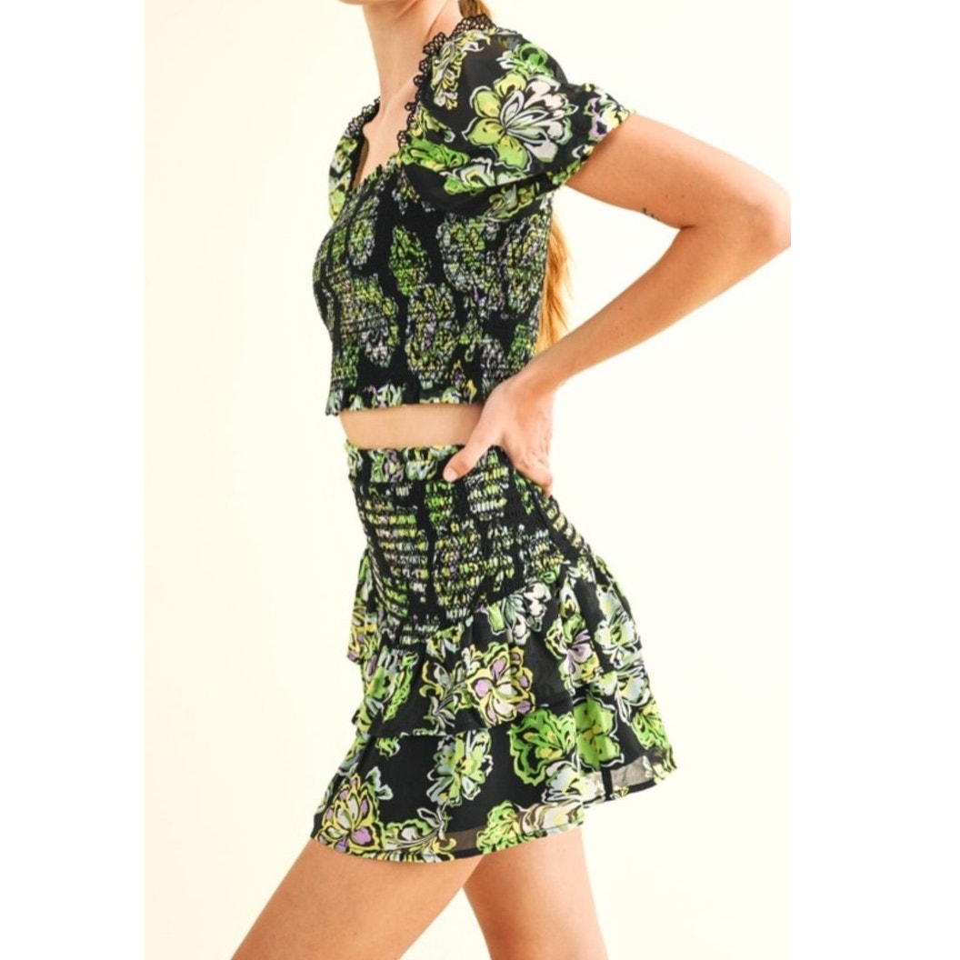 Reset By Jane Two Piece Set Smocked Skirt Green Black Floral Small $145 New